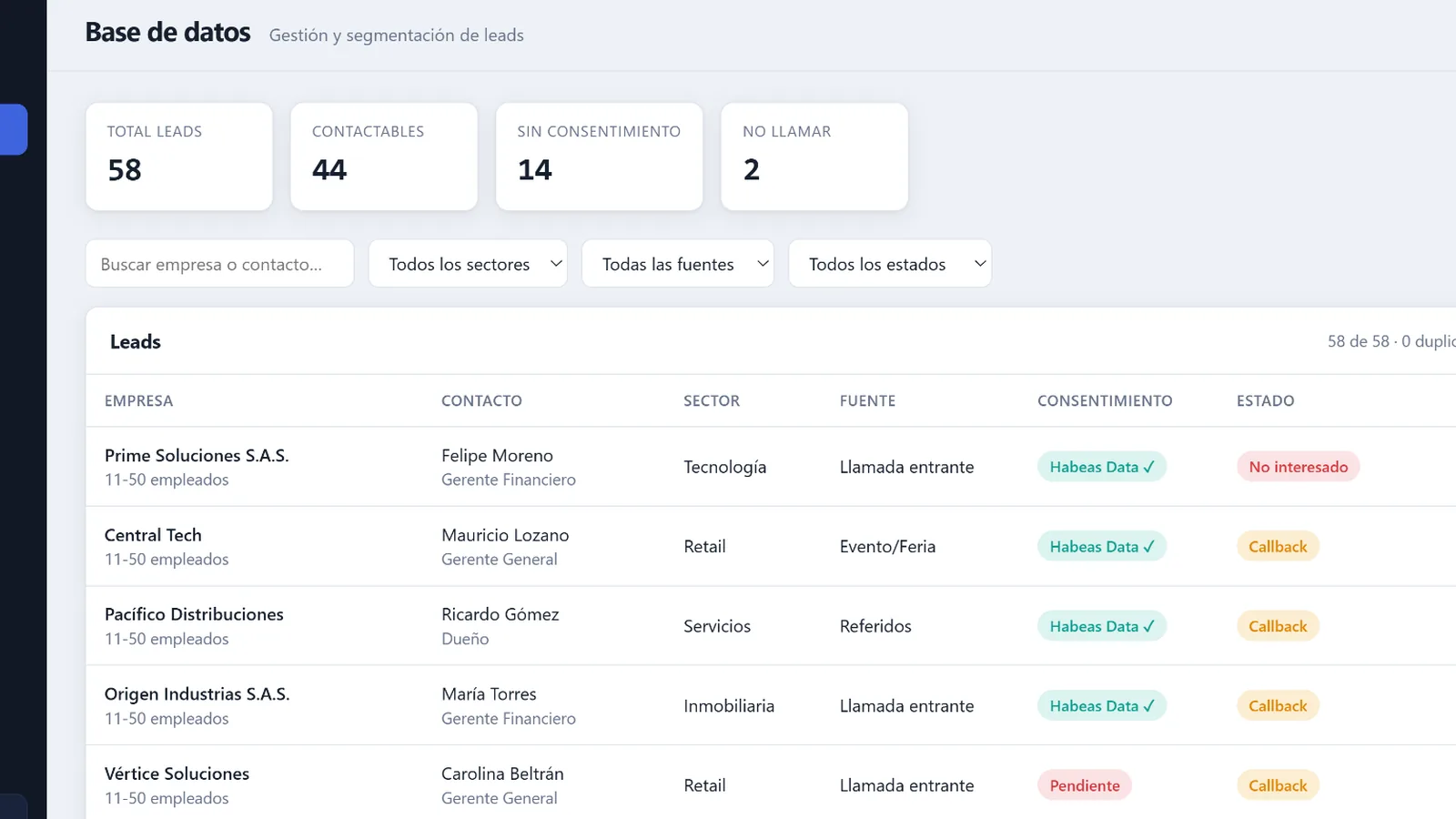 Vista referencial de solución para seguimiento comercial